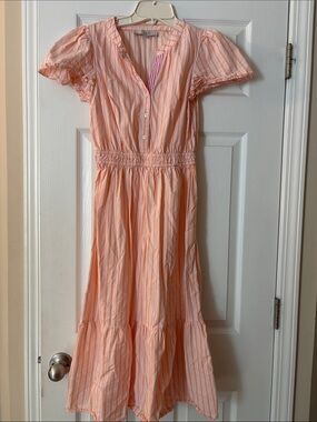 Peach Striped Midi Dress with Puff Sleeves